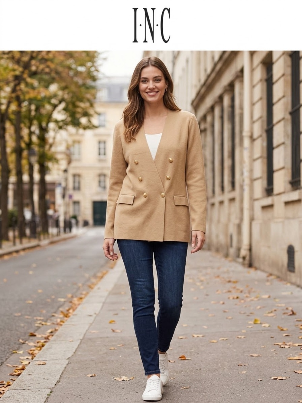 INC International Concepts Double-Breasted Camel Knit Blazer